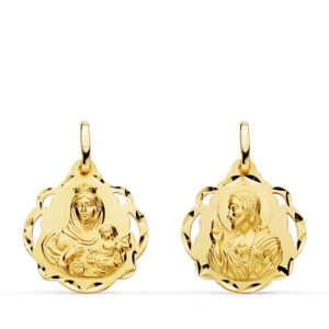 18K ESCAPULARIO PANDERETA VIRGEN DEL CARMEN Y CORAZON DE JESUS 20 MM