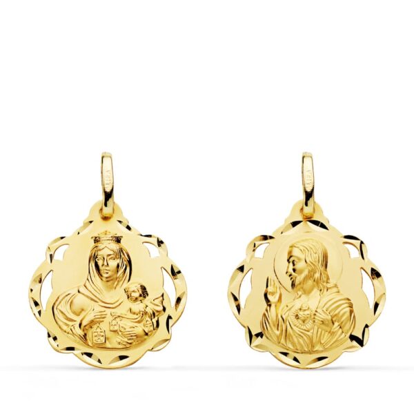 18K ESCAPULARIO PANDERETA VIRGEN DEL CARMEN Y CORAZON DE JESUS 20 MM