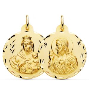 18K ESCAPULARIO TALLADO VIRGEN DEL CARMEN CORAZON DE JESUS 30 MM