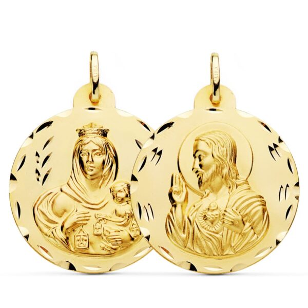 18K ESCAPULARIO TALLADO VIRGEN DEL CARMEN CORAZON DE JESUS 30 MM