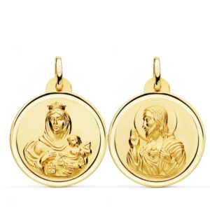 18K ESCAPULARIO BISEL VIRGEN DEL CARMEN CORAZON JESUS 24 MM
