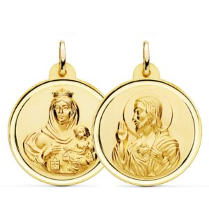 18K ESCAPULARIO BISEL VIRGEN CARMEN Y CORAZON DE JESUS 28 MM