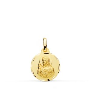 18K MEDALLA CRISTO SAGRADO CORAZON DE JESUS TALLADA 14 MM