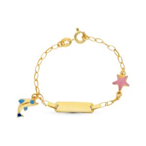 18K ESCLAVA ORO AMARILLO DELFIN Y ESTRELLA ESMALTE 13 CM