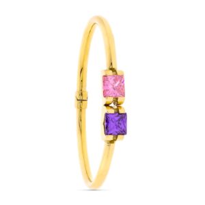 18K PULSERA RIGIDA 2 PIEDRAS COLOR AMATISTA Y ROS DE FRANCIA