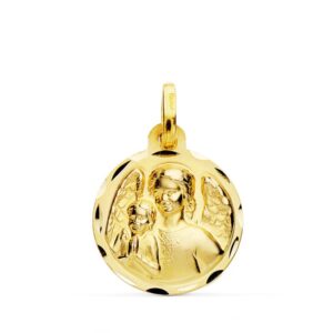 18K MEDALLA ANGEL DE LA GUARDA CON NIÑO TALLADA 16 MM
