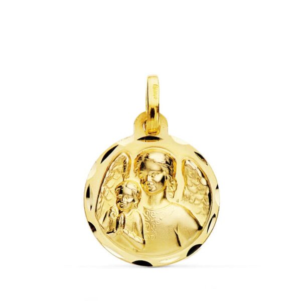 18K MEDALLA ANGEL DE LA GUARDA CON NIÑO TALLADA 16 MM