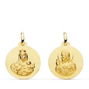 18K ESCAPULARIO LISO VIRGEN DEL CARMEN CORAZON DE JESUS 18 MM