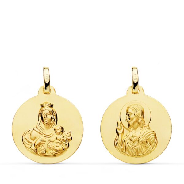 18K ESCAPULARIO LISO VIRGEN DEL CARMEN CORAZON DE JESUS 18 MM