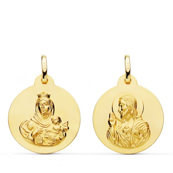 18K ESCAPULARIO LISO VIRGEN DEL CARMEN CORAZON DE JESUS 20 MM