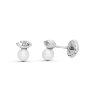 18K PENDIENTES ORO BLANCO DIAMANTES TALLA BRILLANTE Y PERLA 5X4 MM