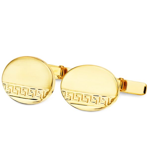 GEMELOS ORO AMARILLO OVAL GRECA MATE Y BRILLO 18X13 MM CIERRE RIGIDO OSCILANTE