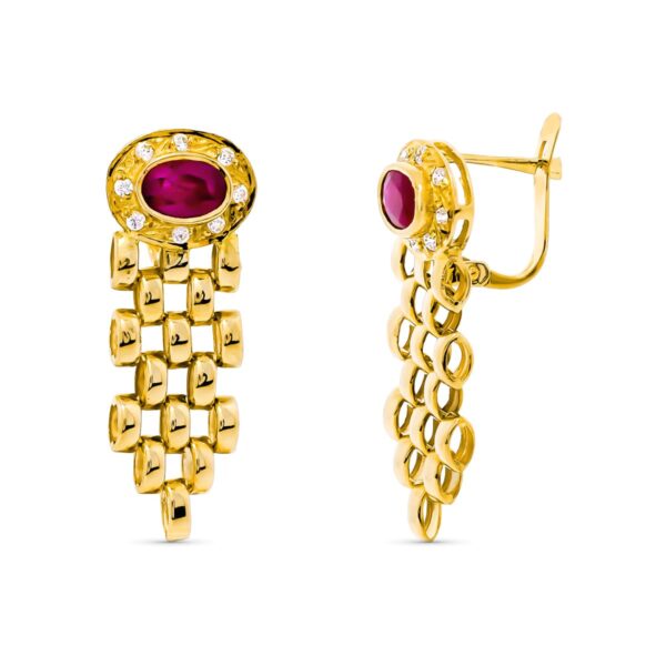 18K PENDIENTES ORO AMARILLO PANTER Y PIEDRA RUBI 6X4 MM
