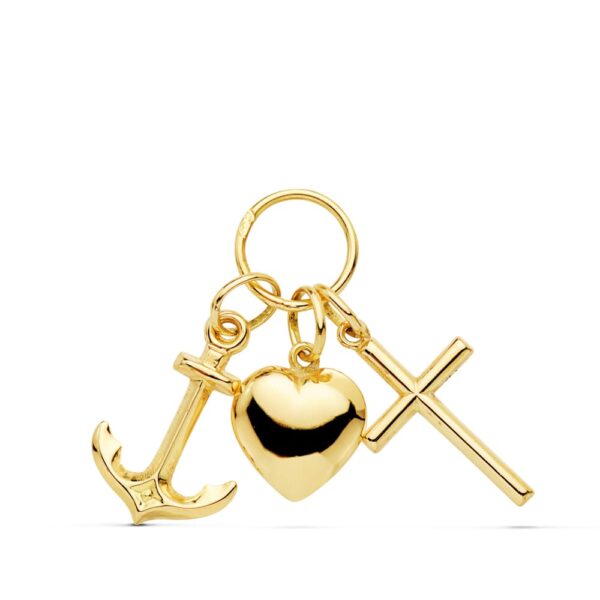 18K COLGANTE  TRES VIRTUDES :   FE , ESPERANZA Y CARIDAD  25X19 MM