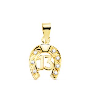 18K COLGANTE ORO AMARILLO HERRADURA CON CIRCONITAS Y Nº 13. 13X11 MM