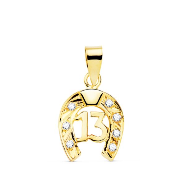 18K COLGANTE ORO AMARILLO HERRADURA CON CIRCONITAS Y Nº 13. 13X11 MM
