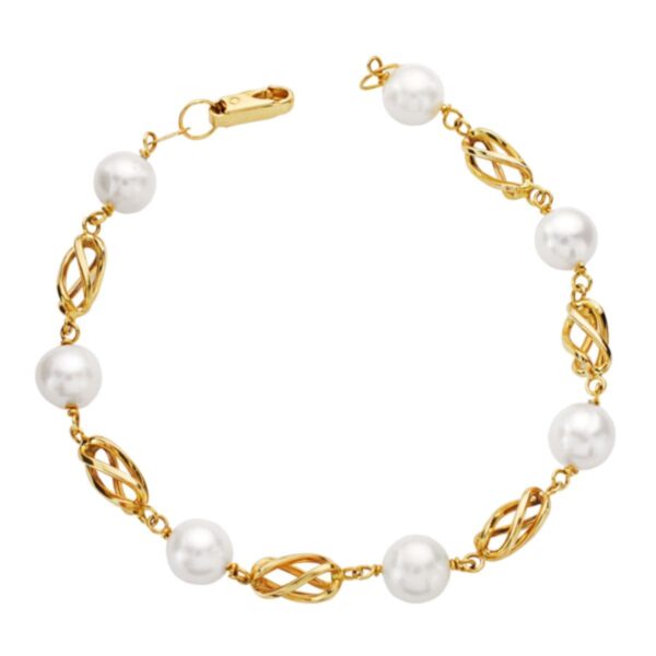 18K PULSERA ORO AMARILLO PERLA REDONDAS DE 8.5 MM Y JAULAS DE ORO 19 CM