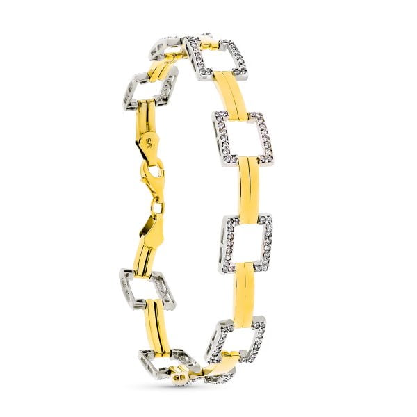 9K PULSERA ORO BICOLOR CUADRADOS Y CIRCONITAS 19 CM