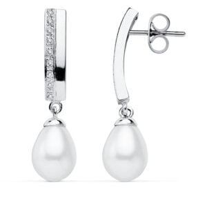 9K PENDIENTES ORO BLANCO PERLA 30X7 MM