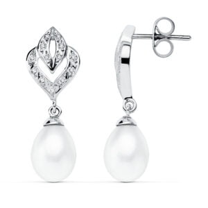 9K PENDIENTES ORO BLANCO PERLA 28X10 MM