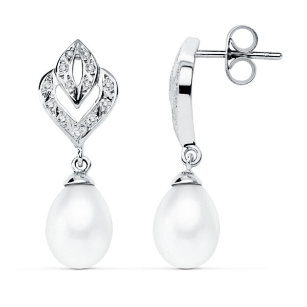 9K PENDIENTES ORO BLANCO PERLA 28X10 MM