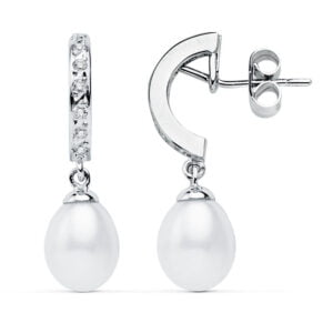 9K PENDIENTES ORO BLANCO PERLA 28X8 MM