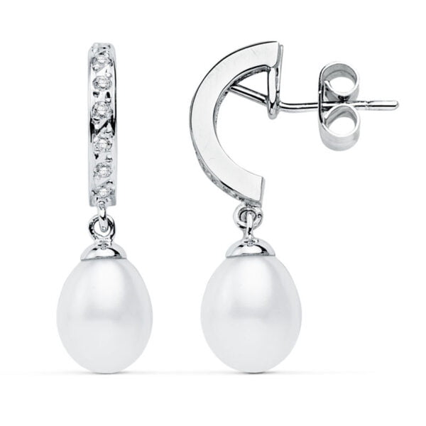 9K PENDIENTES ORO BLANCO PERLA 28X8 MM
