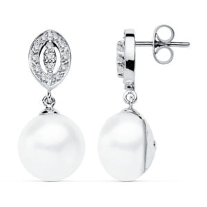 9K PENDIENTES ORO BLANCO PERLA 27X11 MM
