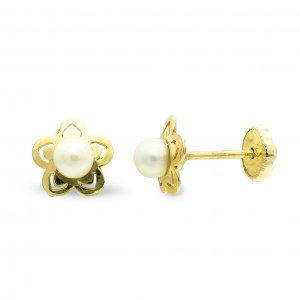 9K PENDIENTES TUERCA FLOR 7 MM Y PERLA 3.5MM