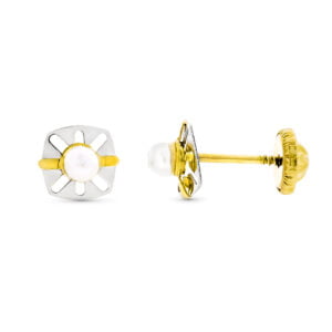 9K PENDIENTES ORO BICOLOR CALADOS CON PERLA 6X5 MM