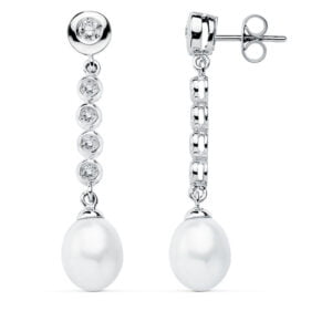 9K PENDIENTES ORO BLANCO PERLA 40X10 MM