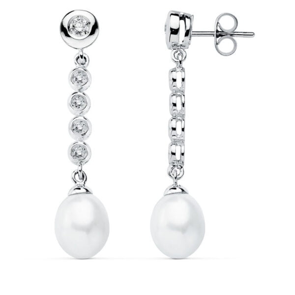 9K PENDIENTES ORO BLANCO PERLA 40X10 MM