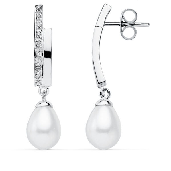 9K PENDIENTES ORO BLANCO PERLA 32X8 MM