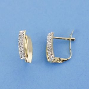 9K PENDIENTES ORO BICOLOR BANDAS PIEDRA 13X6 MM CIERRE CATALAN