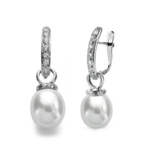 9K PENDIENTES ORO BLANCO PERLA 28X9 MM