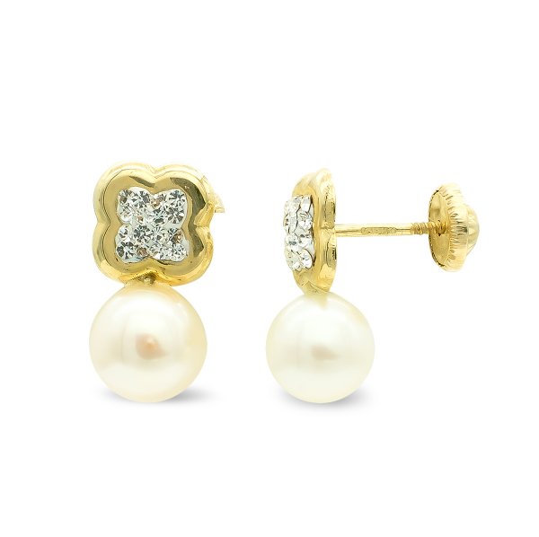 9K PENDIENTES FLOR Y PERLA 13X7 MM TUERCA
