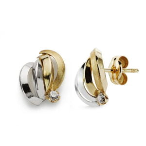 9K PENDIENTES ORO BICOLOR BANDAS CON CIRCONITAS 10X9 MM