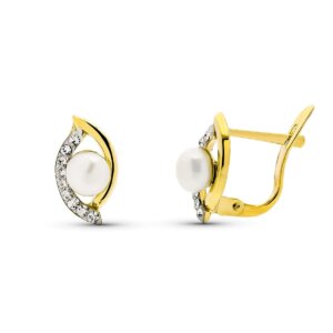 9K PENDIENTES ORO AMARILLO PERLA Y CIRCONITAS 12X6 MM CATALAN