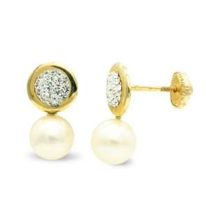 9K PENDIENTES REDONDO Y PERLA 15X8 MM PRESION