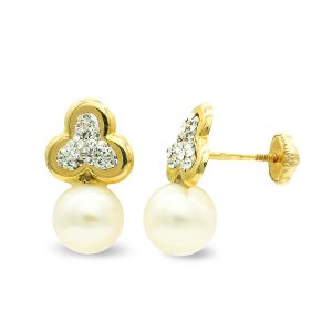 9K PENDIENTES COMUNION ORO AMARILLO TREBOL Y PERLA CULTIVADA 14X8 MM PRESION