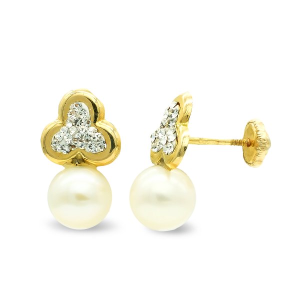9K PENDIENTES COMUNION ORO AMARILLO TREBOL Y PERLA CULTIVADA 14X8 MM PRESION