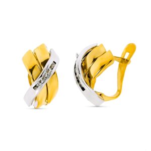 9K PENDIENTES ORO BICOLOR BANDAS CON CIRCONTIAS. 12 X 7 MM. CIERRE CATALAN