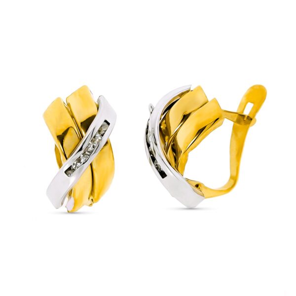 9K PENDIENTES ORO BICOLOR BANDAS CON CIRCONTIAS. 12 X 7 MM. CIERRE CATALAN