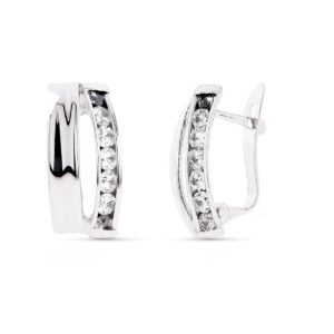 9K PENDIENTES ORO BLANCO BANDAS CON CIRCONITAS 14X7 MM CIERRE CATALAN