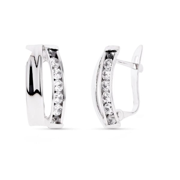 9K PENDIENTES ORO BLANCO BANDAS CON CIRCONITAS 14X7 MM CIERRE CATALAN