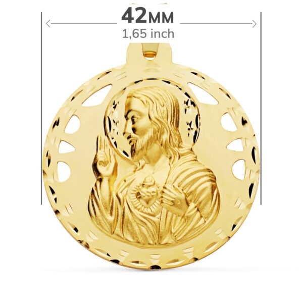 18K ESCAPULARIO CALADO TALLADO VIRGEN CARMEN Y CORAZON DE JESUS 42 MM - Imagen 2