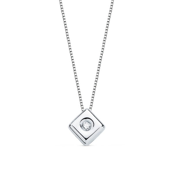 18K GARGANTILLA ORO BLANCO CHATON ROMBO DIAMANTE 0.015 QTS. G-VS2. CADENA 42 CM