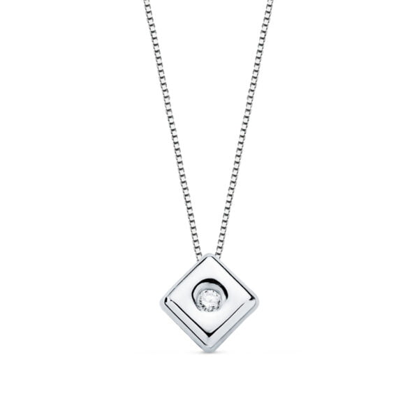 18K GARGANTILLA ORO BLANCO CHATON ROMBO DIAMANTE 0.020 QTS. G-VS2. CADENA 42 CM