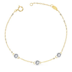18K PULSERA BICOLOR CADENA FORZADA 19CM TRES DIAMANTES 0.045 QTS.  G-VS2