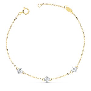 18K PULSERA ORO BICOLOR CHATON DE 3 ROMBOS CON DIAMANTES SI-H 0.045  QTS. 17 CM